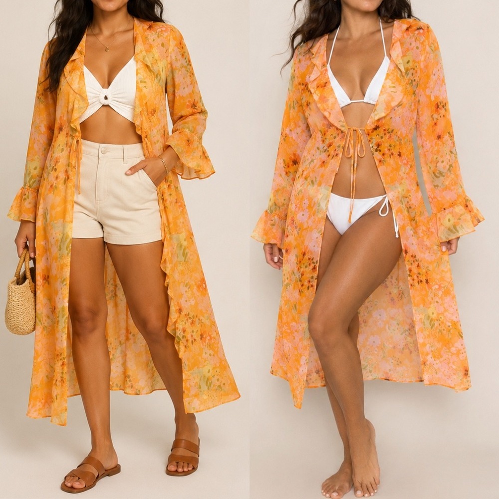 WILD FABLE Floral Ruffle Duster Cardigan Size L Orange Sheer Vacation Coverup‎